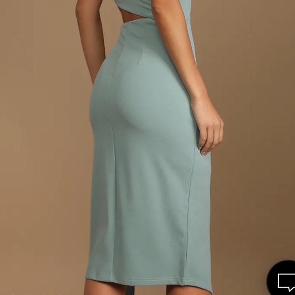 Flawless Attitude Sage Blue Asymmetrical Cutout Midi Dress - Picture 3 of 5